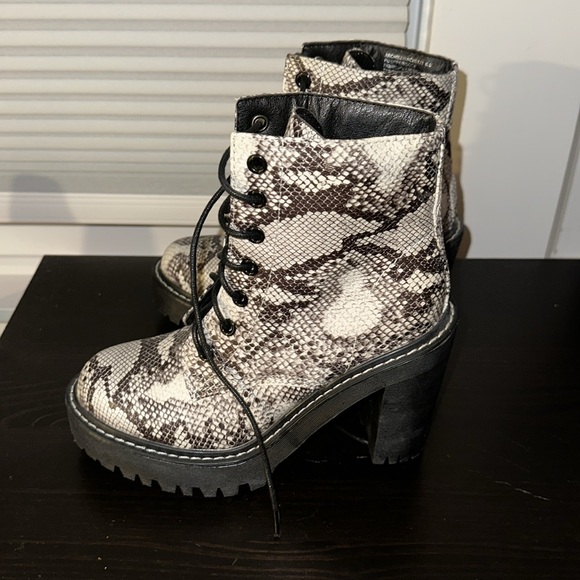 MADDEN GIRL Snakeprint Chunky Heel Lace Up Booties - Picture 2 of 3
